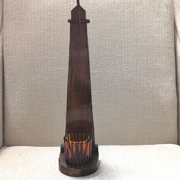 Vintage Hand Crafted Brown Wooden Lighthouse Candle Holder Amber Glass - Picture 1 of 11